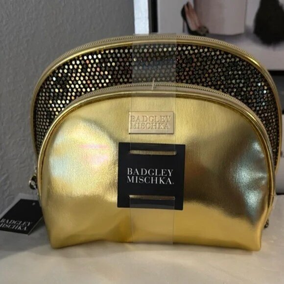 Elegant 2pc Badgley Mischka Gold & Sequin Cosmetic Bag Set Large & Medium - Picture 1 of 4